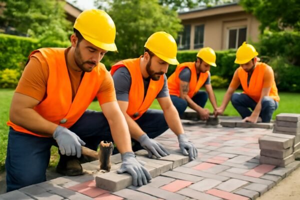 فريق تركيب البلاط المتداخل في حديقة منزل بالكويت